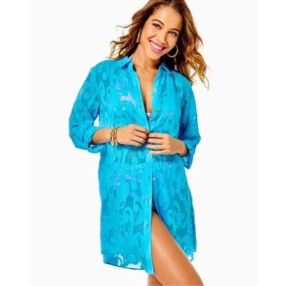 Lilly Pulitzer Other - Lilly Pulitzer Women’s Natalie Swirl Shirt Cover Up In Cumulus Blue Size S